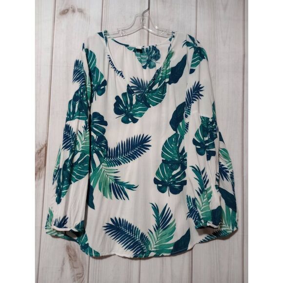Old Navy Shirt Ladies 2xl White Green Tropical‎ Semi Sheer - Picture 1 of 8